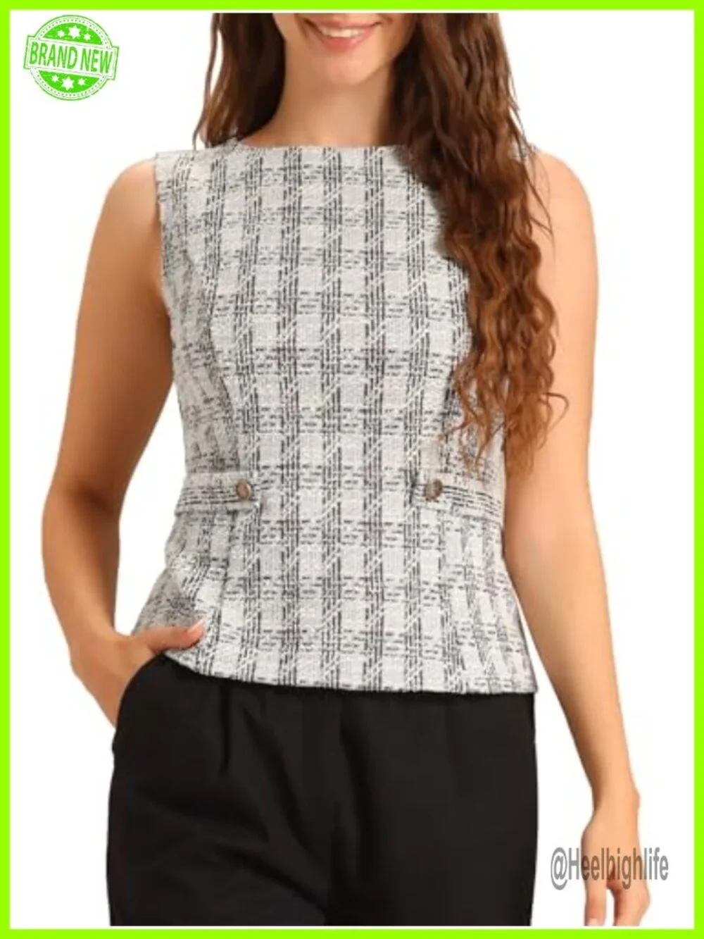 Elegant Sleeveless Tweed Vest Top Crew Neck Business Casual Office